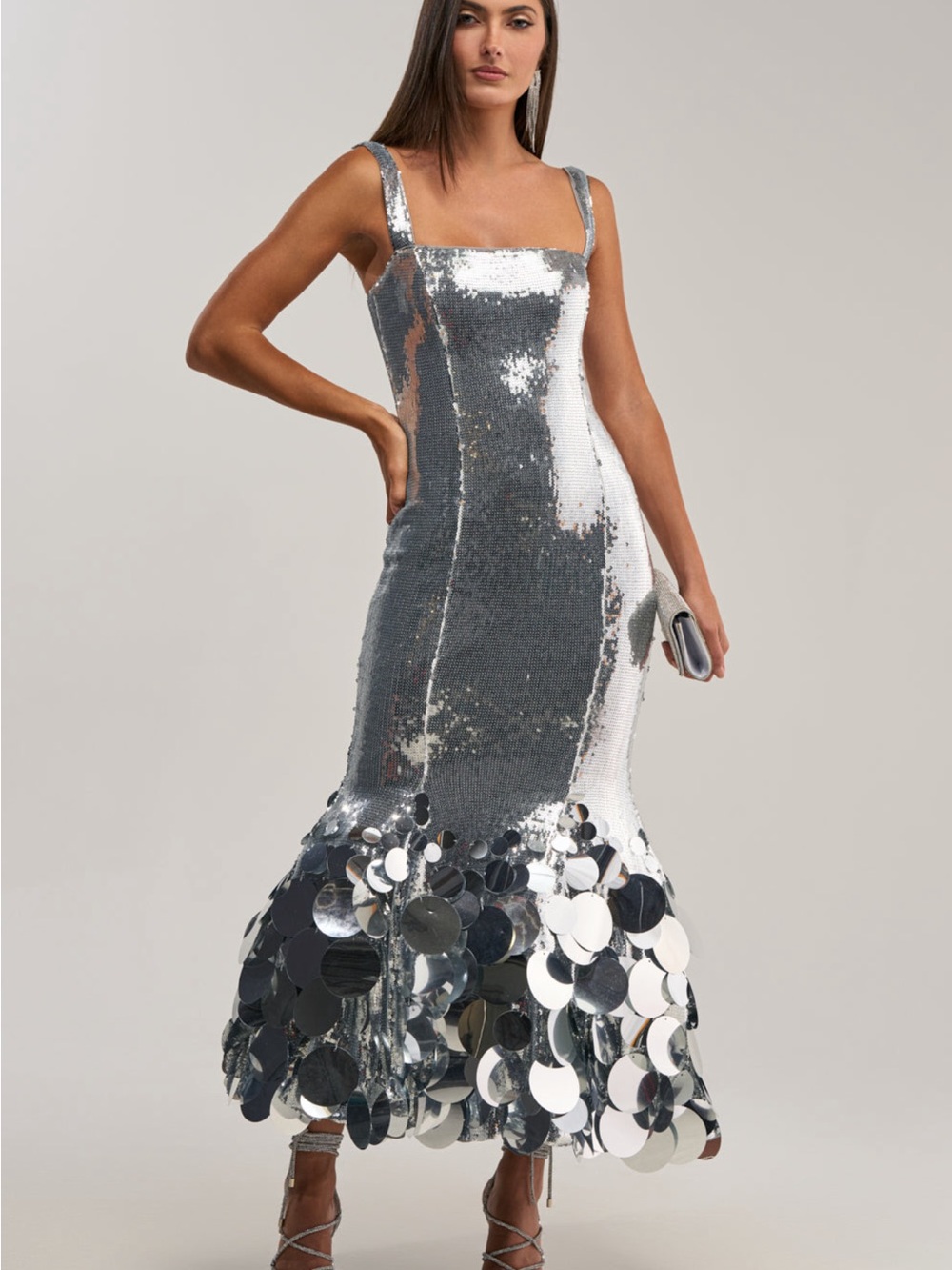 AKIRA Silver Sequin Mermaid Hem Midi Dress